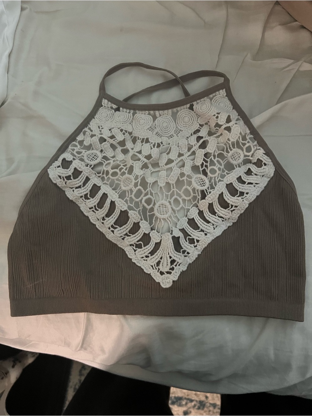 Three Bird Nest Taupe Halter Crop Top with White Crochet Yoke